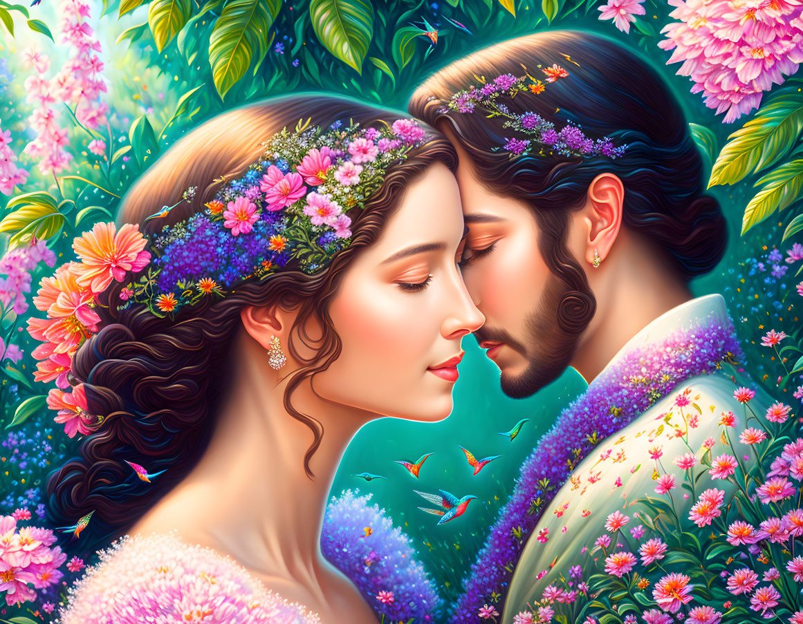 Romantic illustration of man and woman with floral crowns among vibrant flowers