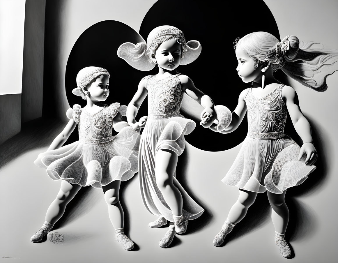 Three ballet girls in black and white, dancing with oversized round shadows.