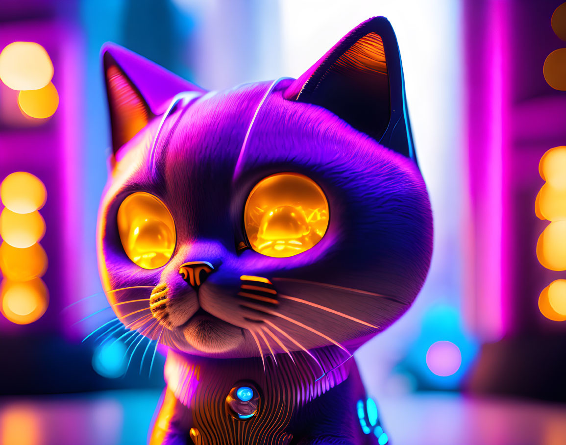 Stylized black cat with golden eyes in neon digital art piece