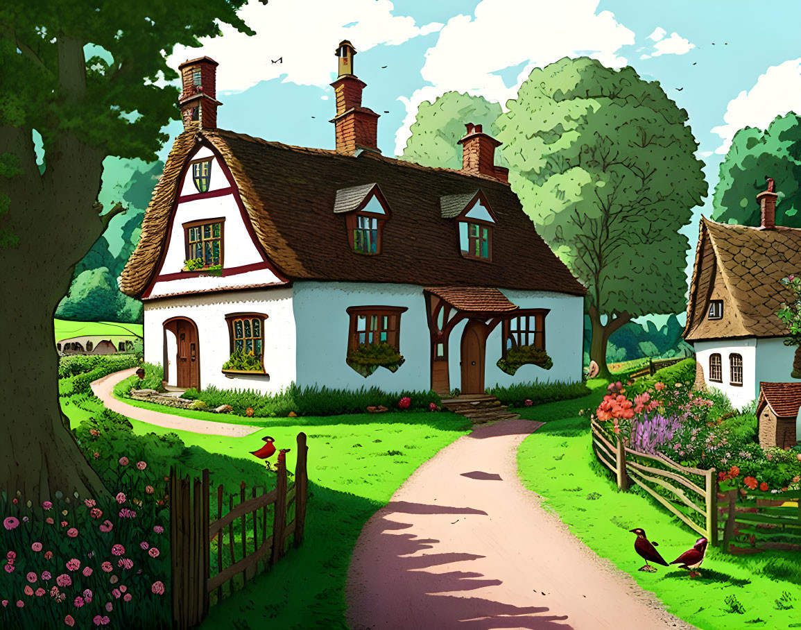 Thatched roof countryside cottage amid greenery and flowers