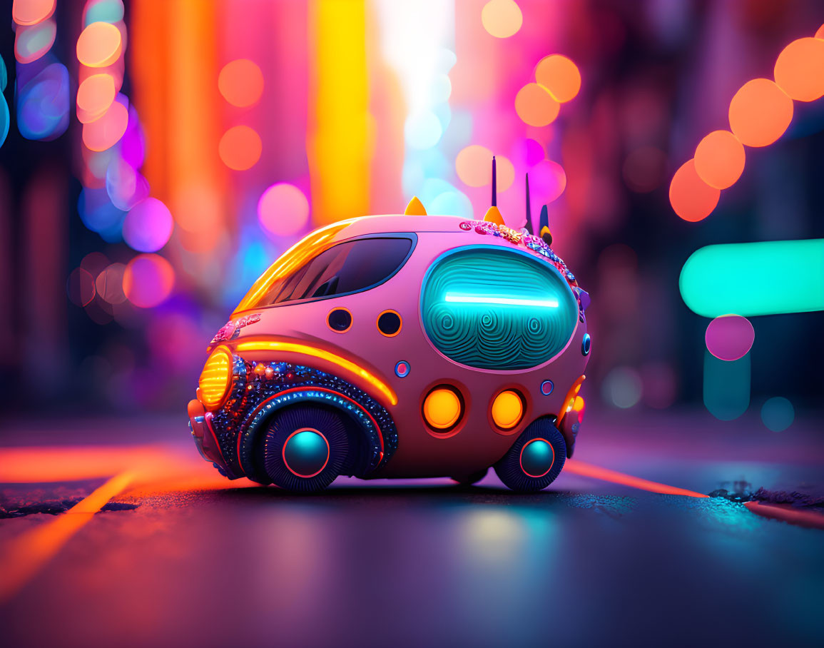 Colorful Toy Car with Bright Lights on Urban Road