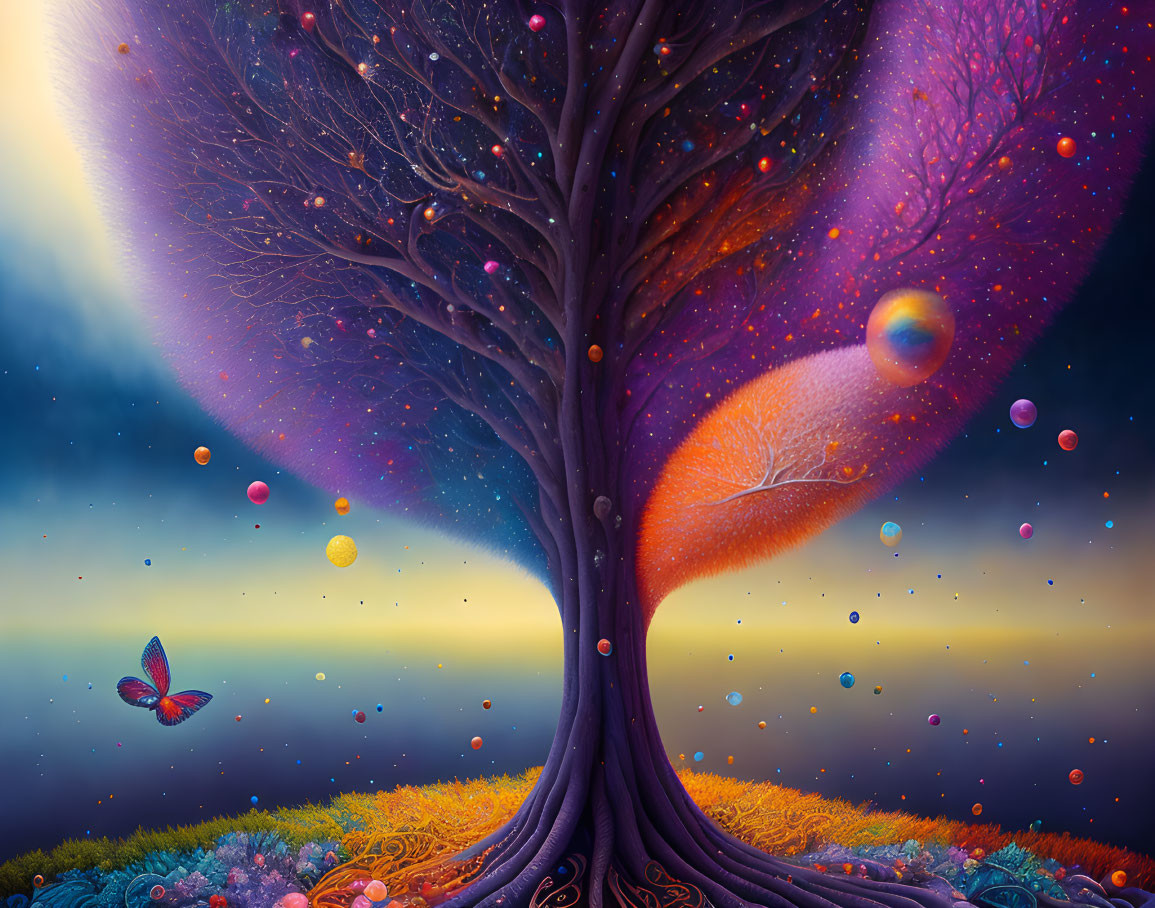 Colorful cosmic tree with surreal landscape and floating planets