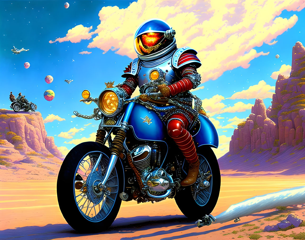 Astronauts on motorcycle in alien desert with floating rocks and bubbles