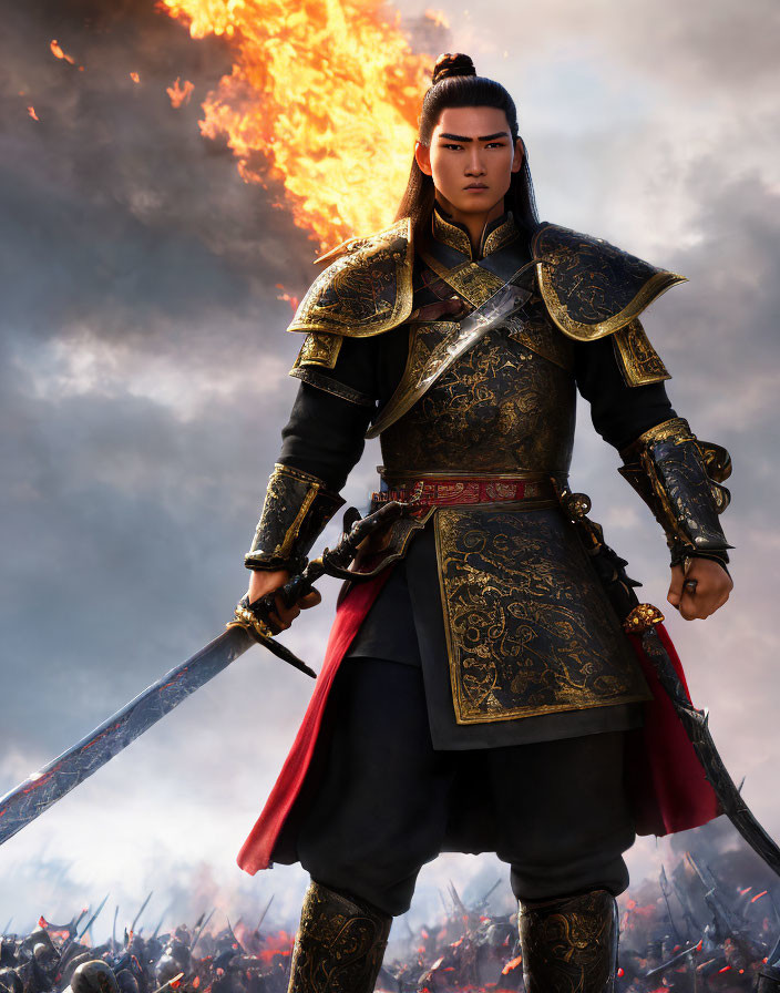 Warrior in Black-and-Gold Armor with Sword in Fiery Battlefield