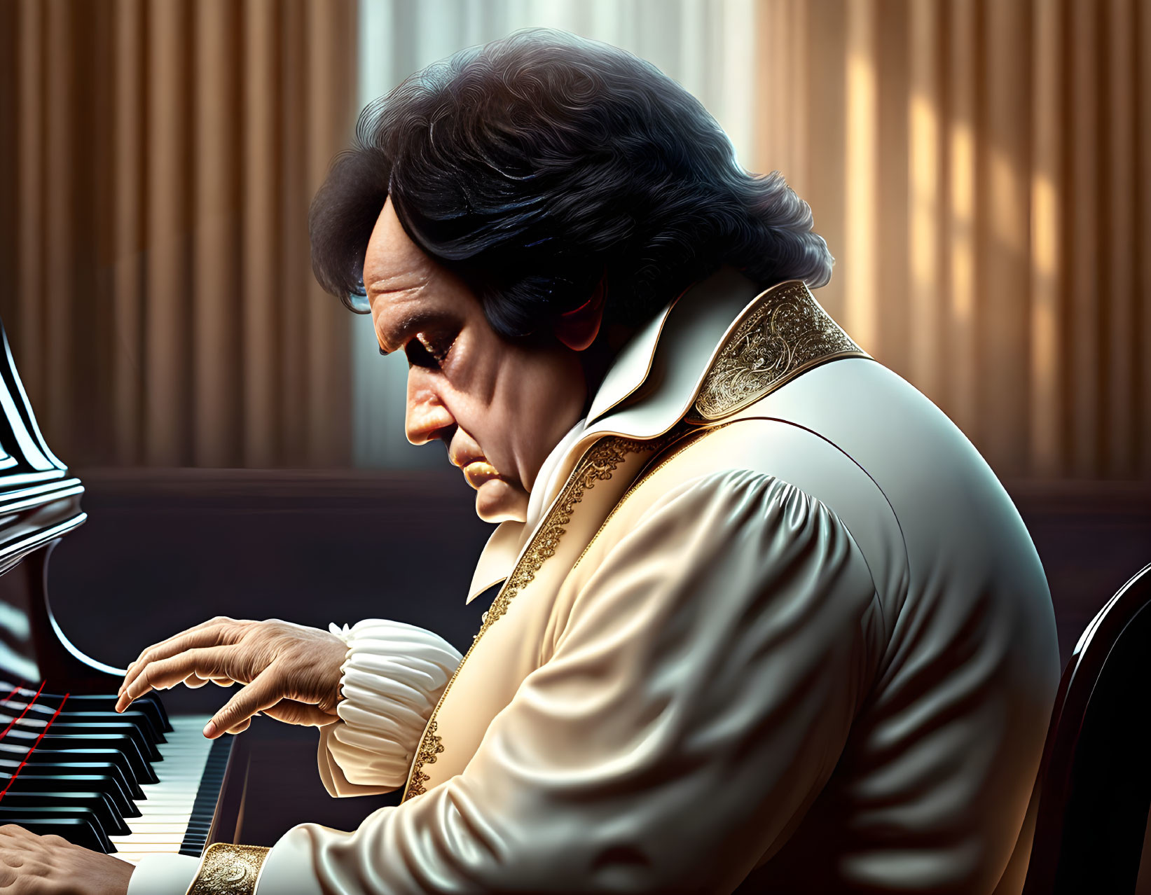 Dark-haired man in white suit playing grand piano