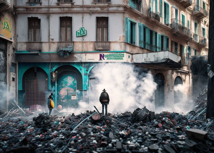 Individuals navigating debris-filled street amidst rising smoke and dilapidated buildings.