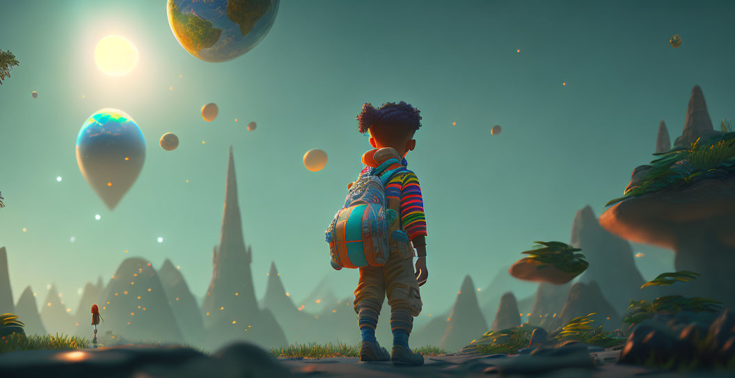 Child with backpack gazes at fantastical landscape with floating rocks, balloons, and distant planets.