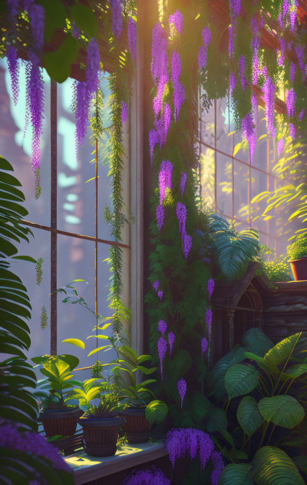 Indoor plants and purple wisteria in sunlight-filtered greenhouse.