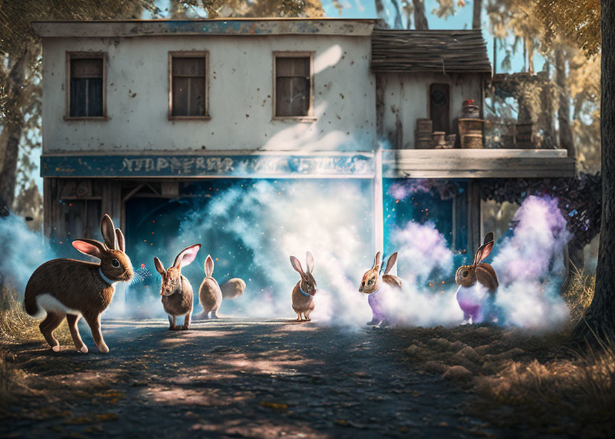 Rabbits in foggy forest with old building and blue light beam