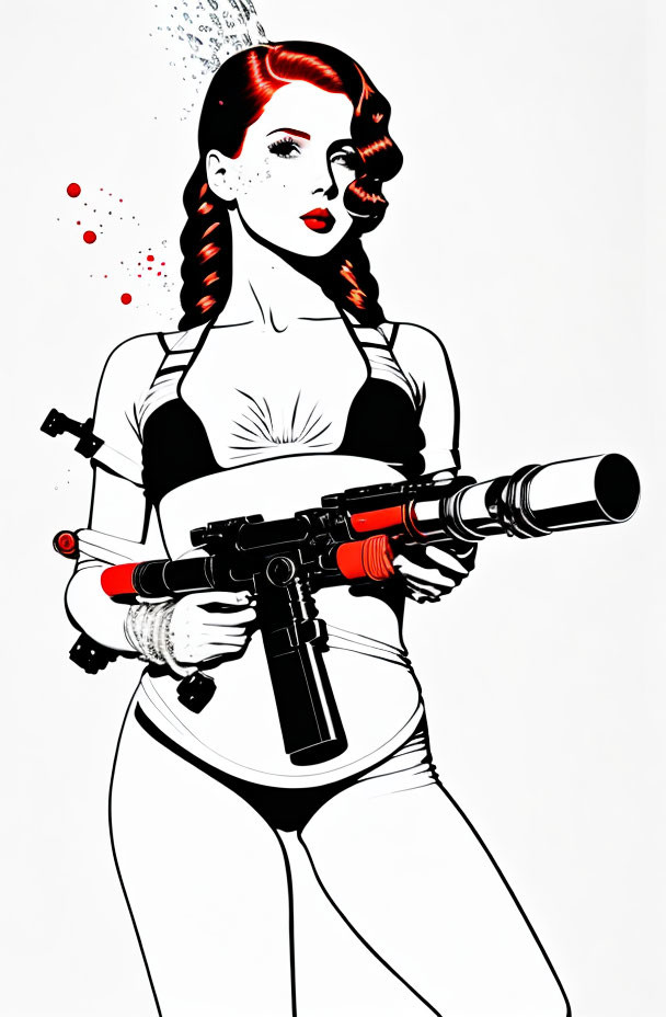 Stylized woman with red lipstick and braids holding futuristic gun on white background