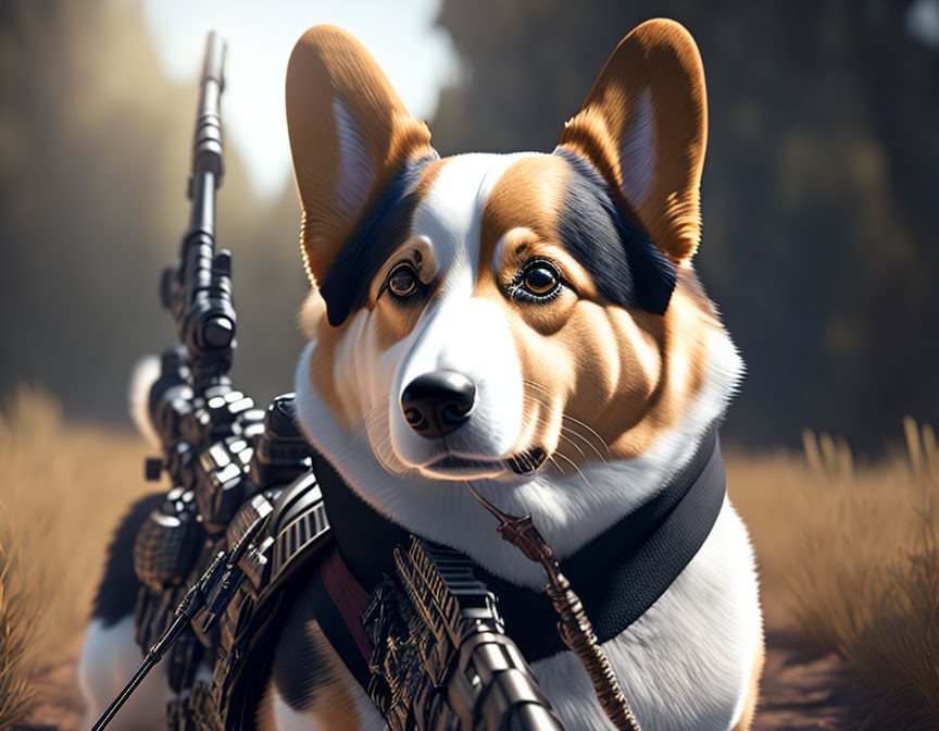 Solemn Corgi in Scarf Leaning on Rifle Outdoors