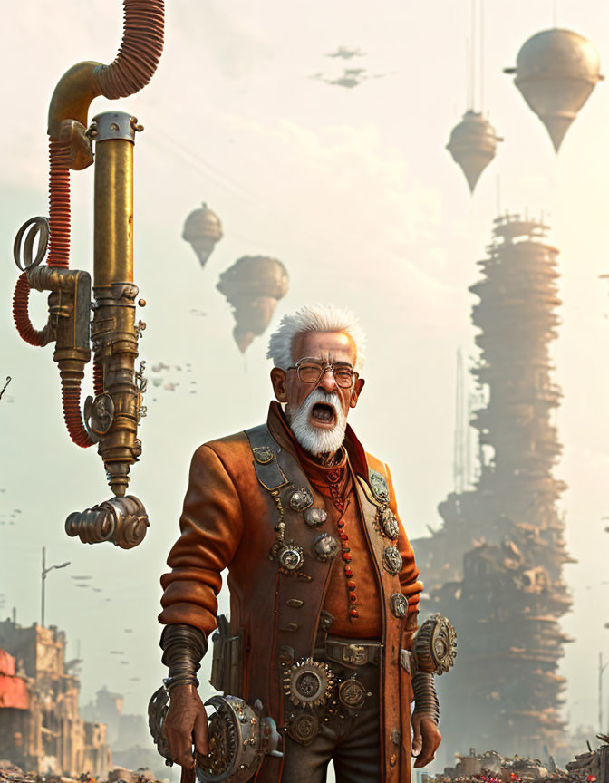 Elderly Steampunk Gentleman in Goggles and Gears Outfit