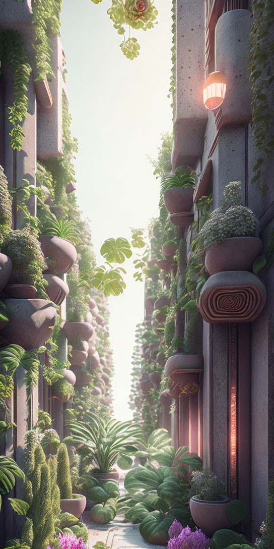 Verdant plant-filled alley with warm hanging lights