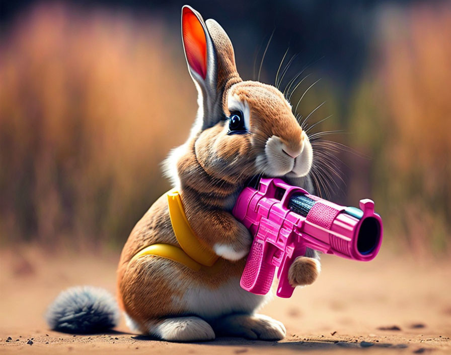 Anthropomorphic rabbit character with yellow bandana and pink toy gun in soft-focus natural setting