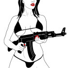 Stylized woman with red lipstick and braids holding futuristic gun on white background