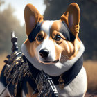 Solemn Corgi in Scarf Leaning on Rifle Outdoors