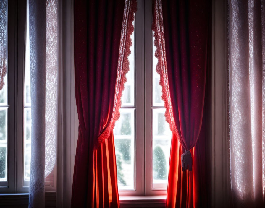 Red curtains and white lace sheers on window - peaceful ambiance