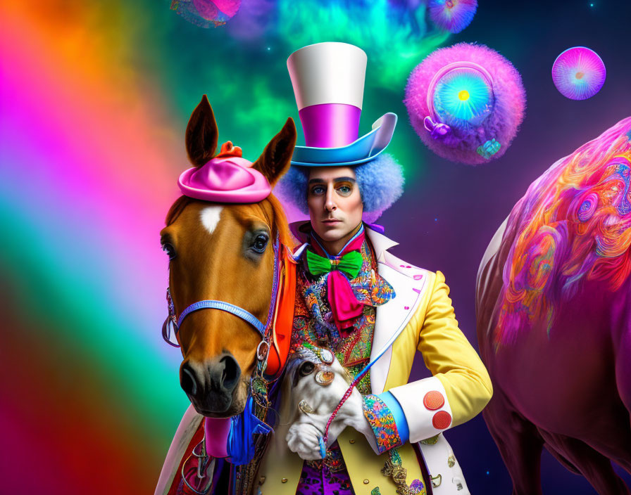 Colorful whimsical attire person with stylized horse in vibrant backdrop.