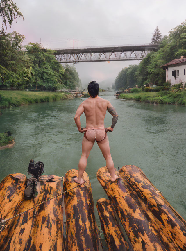 Shirtless Man in Swim Trunks by Misty River and Old Bridge