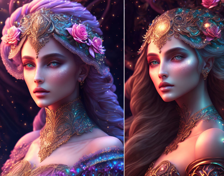 Intricate golden headdresses and luminous gems on a woman against a starry backdrop