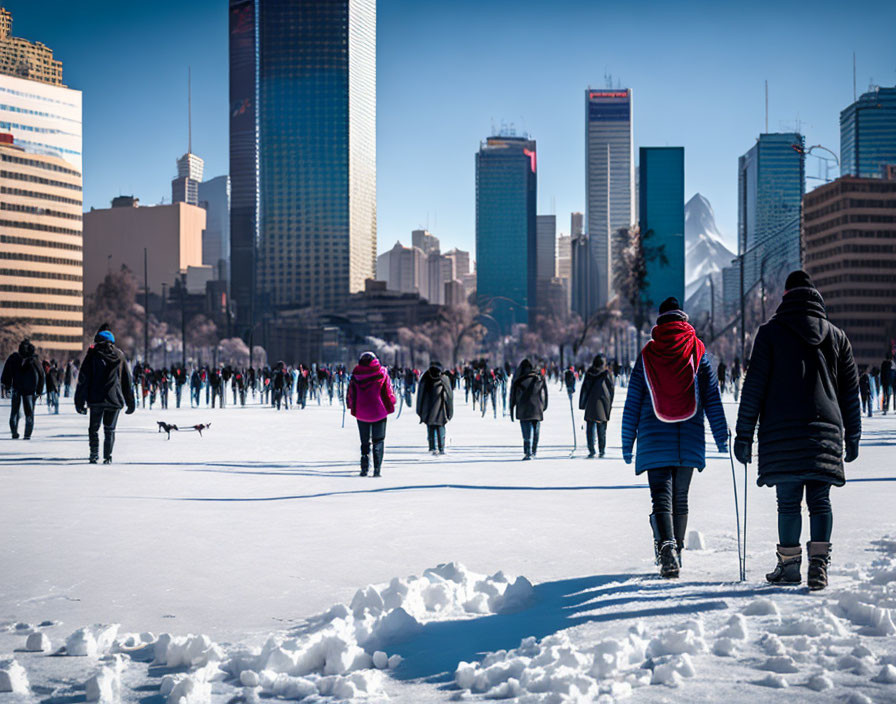 Urban park with frozen surface and people walking, skyscrapers in background