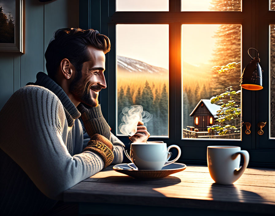 Man in cozy sweater enjoying sunrise view with steaming cup