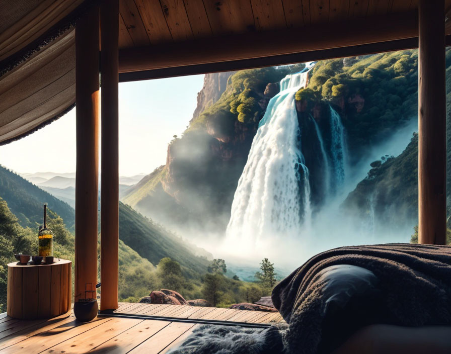 Tranquil cabin interior with waterfall view