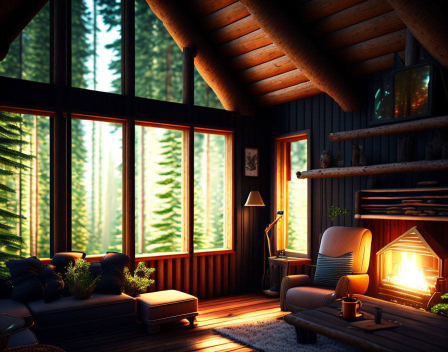 Warm Fireplace & Forest Views in Cozy Cabin Interior