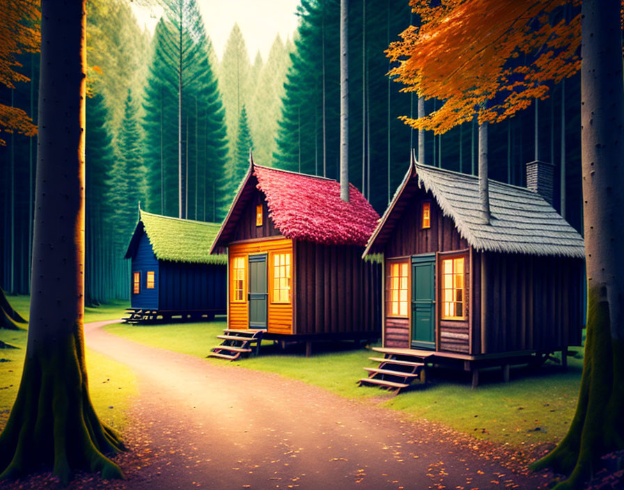 Three Wooden Cabins in Autumnal Forest with Colorful Roofs