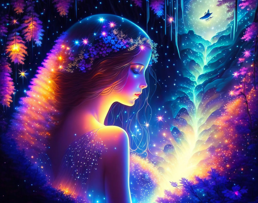 Woman in luminous forest with mystical bird under starry sky