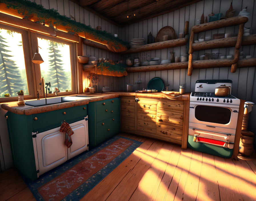 Rustic kitchen with wood cabinetry, vintage appliances, warm sunlight, pine tree view