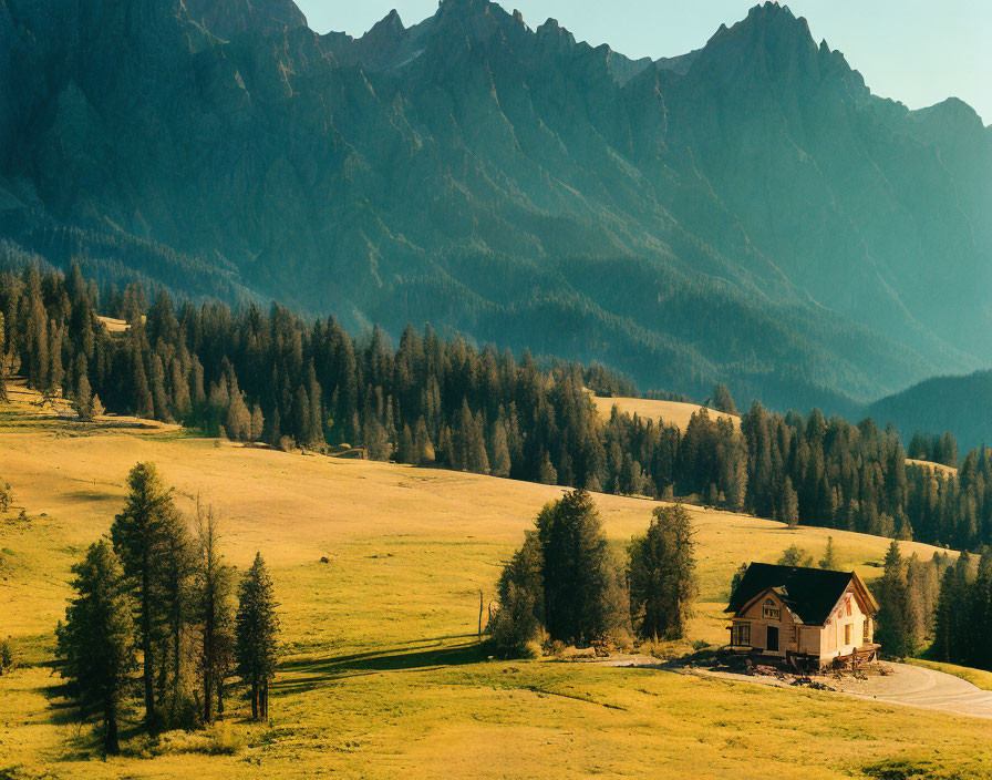 Serene mountain landscape with solitary house & lush meadow