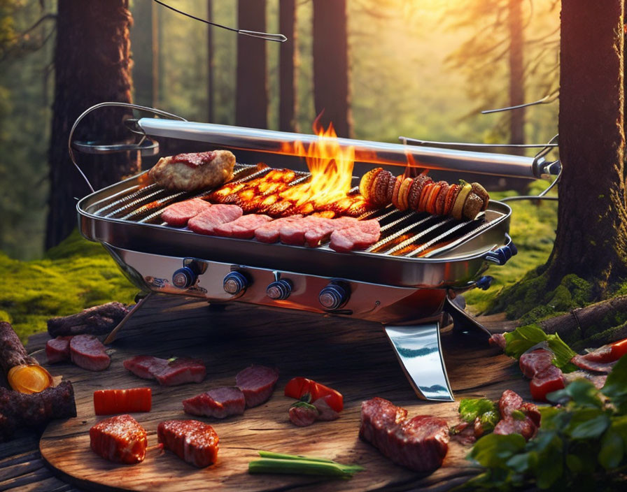 Assorted meats and vegetables grilling on portable BBQ in forest at sunset