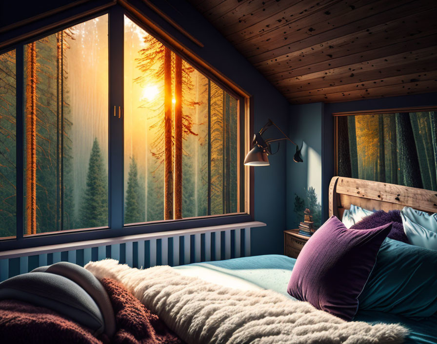 Sunset view bedroom with forest scenery, wooden decor, and cozy bedding