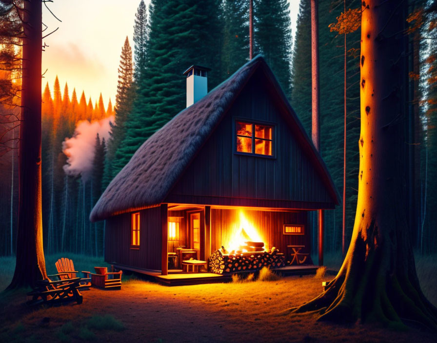 Cozy Cabin in Forest Setting at Dusk