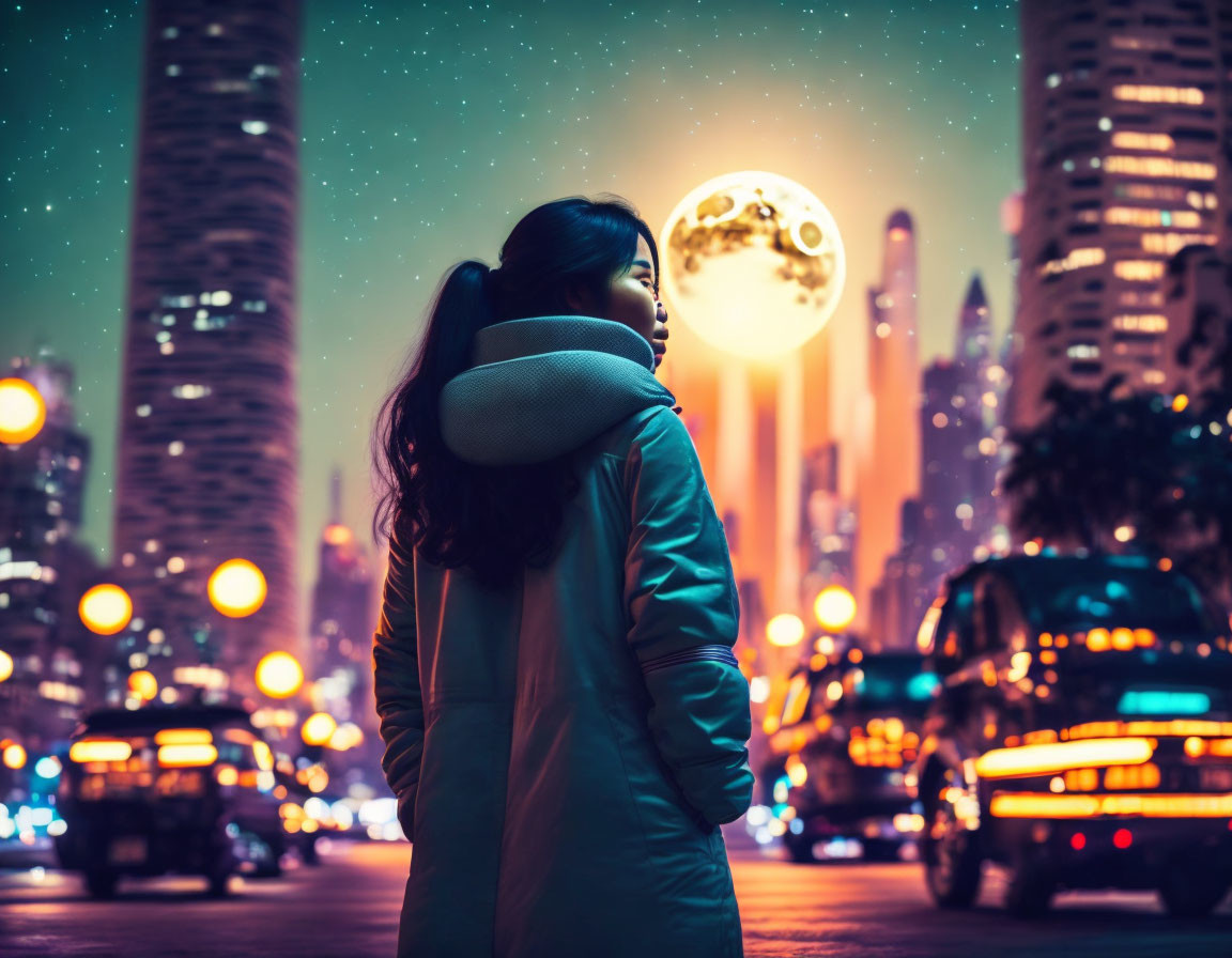 Woman gazing at large moon in surreal cityscape.