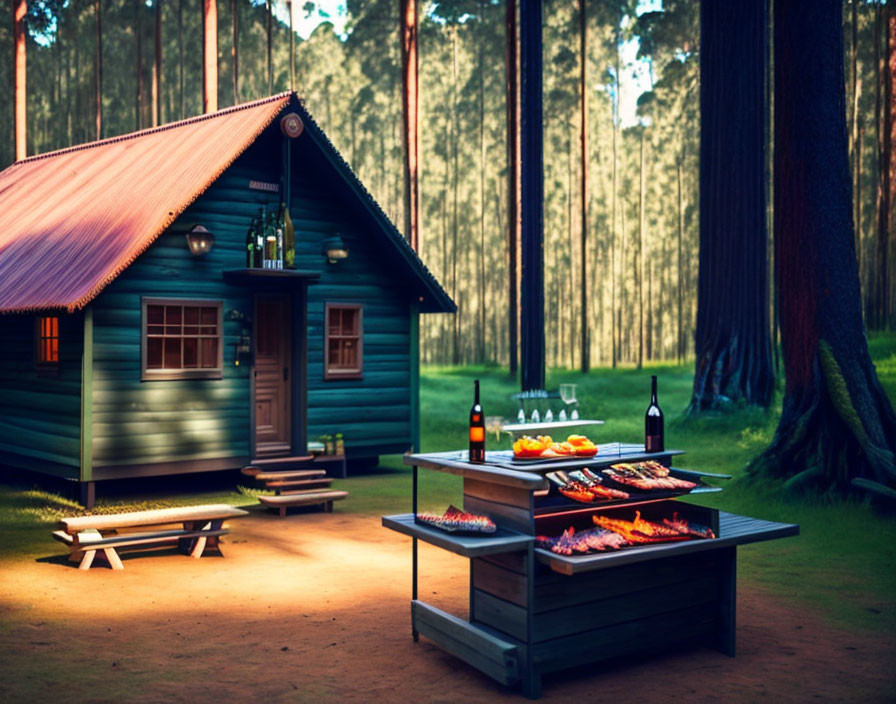 Rustic wooden cabin in forest clearing with picnic table at twilight