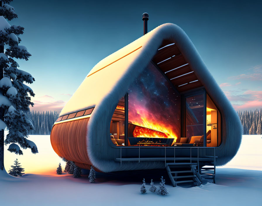 Futuristic cabin with cosmic display in snowy landscape