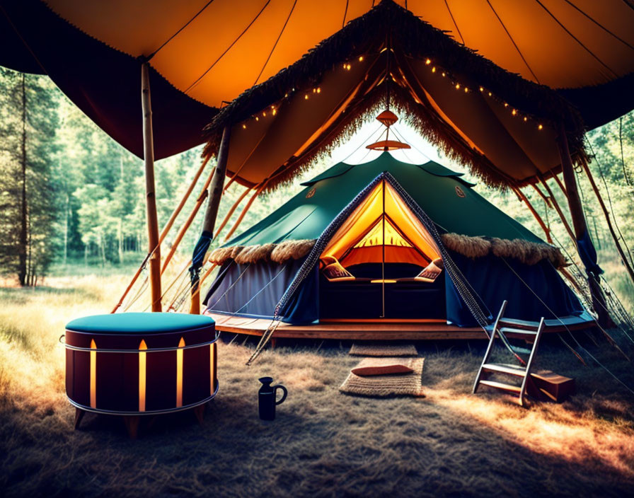 Luxurious glamping setup: open canvas tent, furs, soft lighting, plush seating in forest