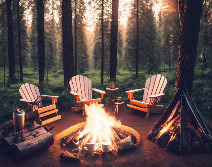 Campfire Scene with Four Chairs in Forest at Dusk