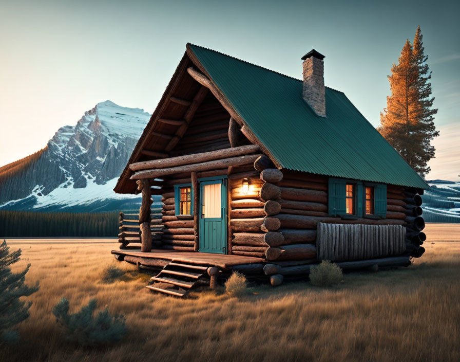 Rustic log cabin with green roof in field at dusk