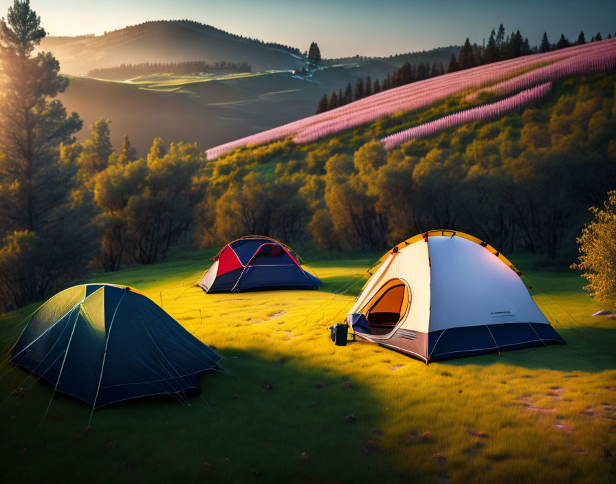 Sunset camping scene with three tents on green meadow