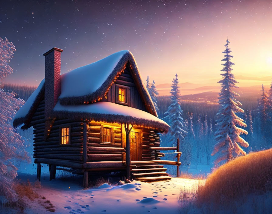 Snowy twilight scene: cozy wooden cabin in a glowing snowy landscape