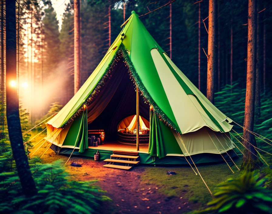 Cozy interior of green forest tent with string lights at sunset