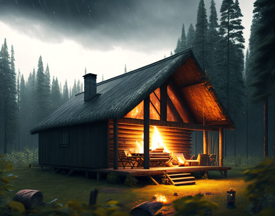 Cozy cabin with lit interior and outdoor fire pit in rainy forest scene