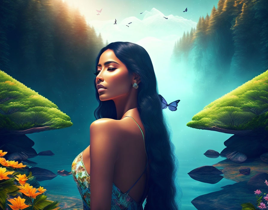 Woman with Long Dark Hair by Serene Lake Surrounded by Greenery, Mountains, and Butterflies