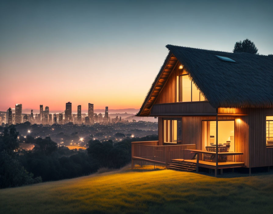 Thatched roof modern house with large windows overlooking city skyline at dusk