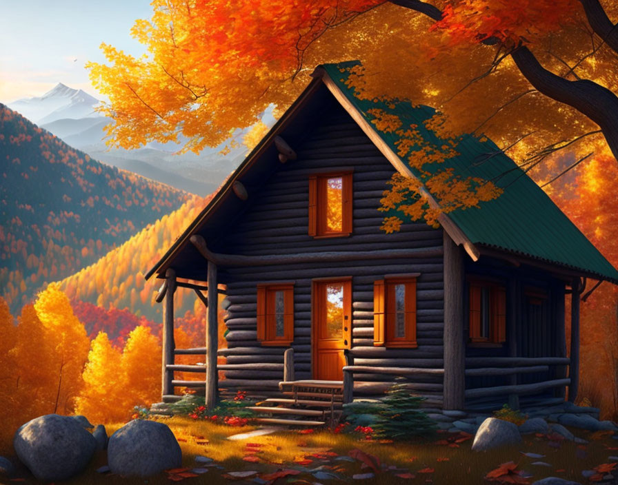 Autumn log cabin in mountain forest with warm light and golden trees