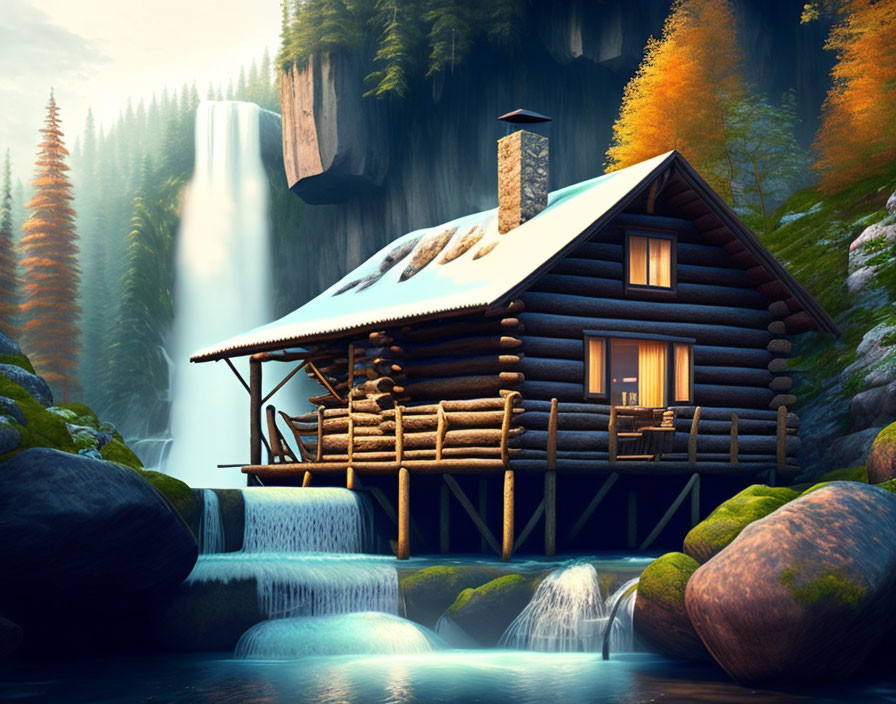 Tranquil log cabin by waterfall in autumn forest