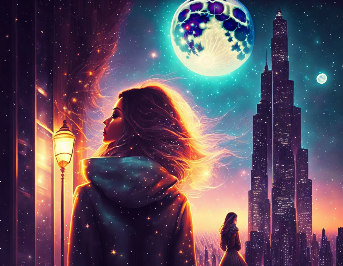 Starry cloak woman under whimsical night sky with moon and cityscape